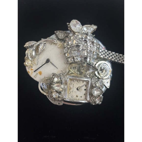 Steampunk Brooch Watch Dial Parts Rhinestones One Of A Kind Piece Of Art - Picture 4 of 8